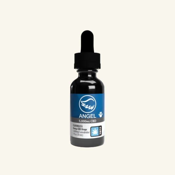 CBD tincture bottle with dropper labeled 'Angel' on a white background