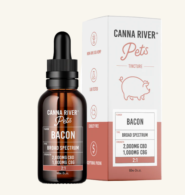 CBD tincture bottle and packaging for pets by Canna River on a white background