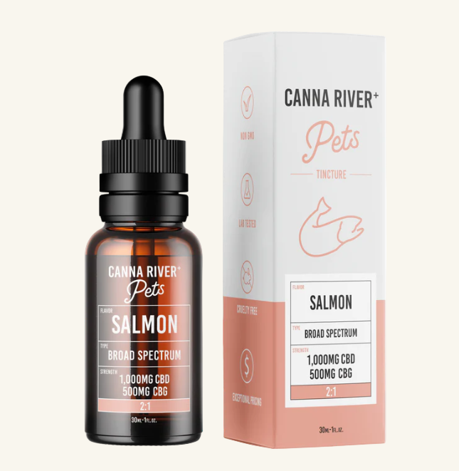 CBD oil bottle and packaging with 'Canna River' branding on a white background