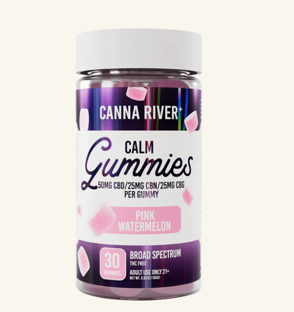 Jar of Canna River Calm Gummies with pink watermelon flavor on a white background