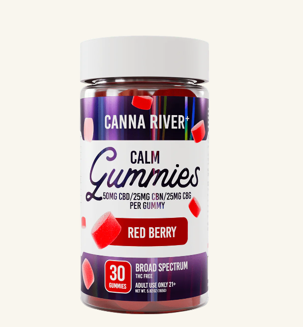 Jar of Canna River Calm Gummies with red berry flavor on a white background