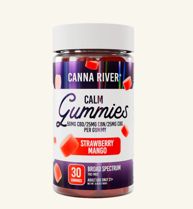 Jar of Canna River Calm Gummies with strawberry mango flavor on a white background