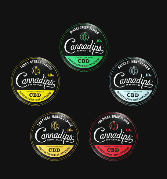 Five round labels of Cannadips CBD products on a black background