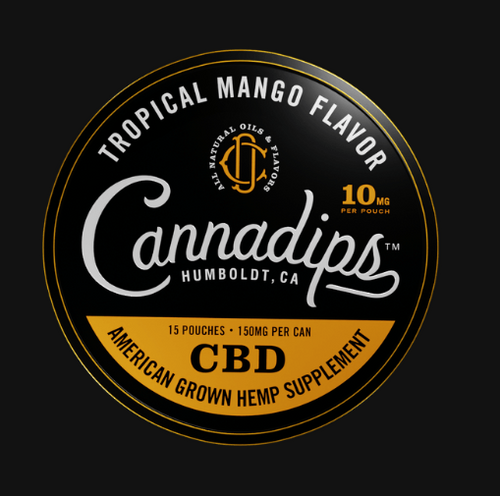 Cannadips CBD supplement label with tropical mango flavor on a black background