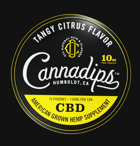 Cannadips CBD supplement label with tangy citrus flavor on a black background