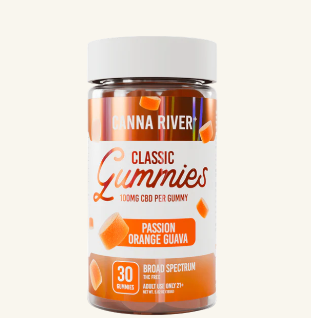 Jar of Canna River Classic Gummies with passion orange guava flavor on a white background