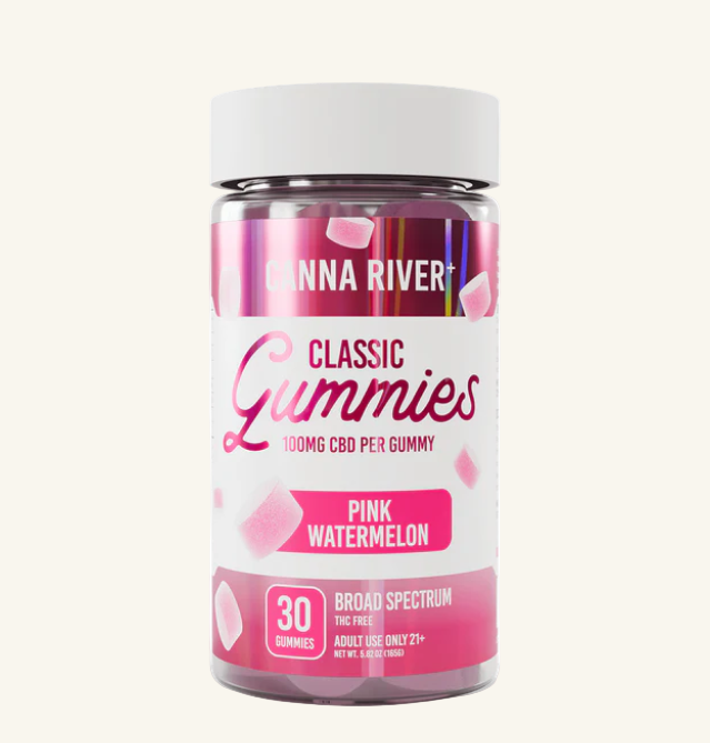 Jar of Ganna River Classic Gummies with pink watermelon flavor on a white background