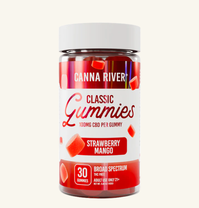 Jar of Canna River Classic Gummies with strawberry mango flavor on a white background