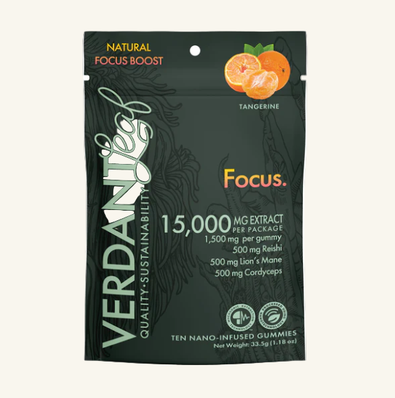 Verdantie Focus gummy package with tangerine flavor on a white background