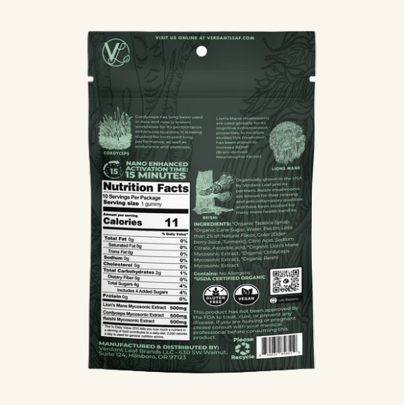 Back of a green package with nutritional information and branding on a white background