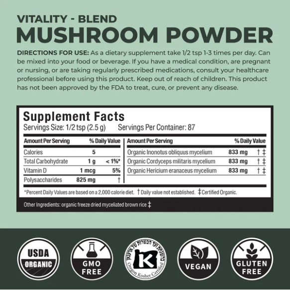 Supplement label for mushroom powder with ingredients and nutritional information on a green background.