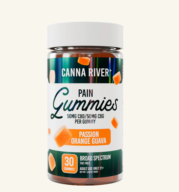 Jar of Canna River Pain Gummies with colorful packaging on a white background