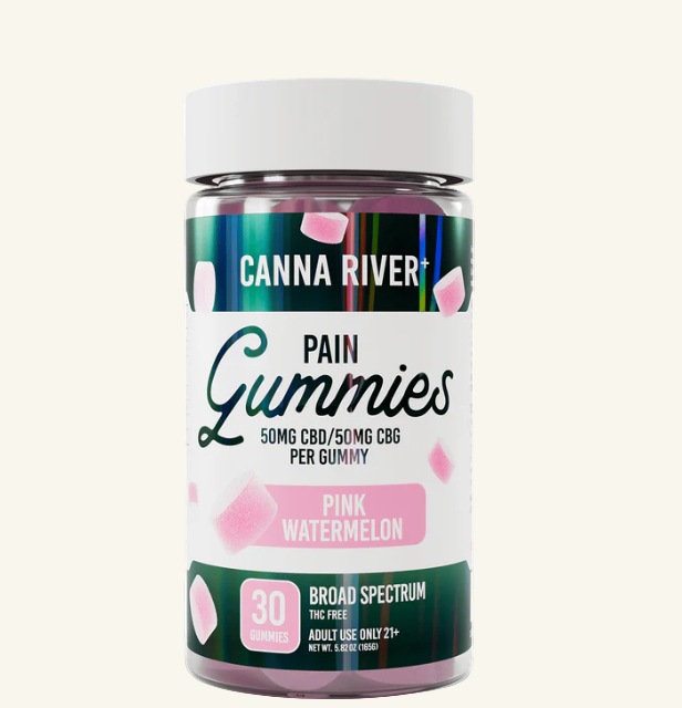 Jar of Canna River Pain Gummies with pink watermelon flavor on a white background