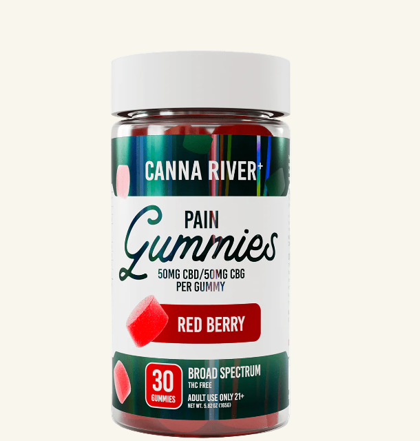 Jar of Canna River Pain Gummies with red berry flavor on a white background