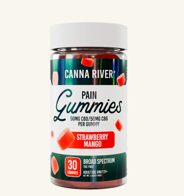 Jar of Canna River Pain Gummies with strawberry mango flavor on a white background
