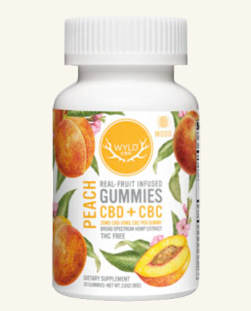 Supplement bottle labeled 'Peach CBD + CBC Gummies' with a white cap on a white background.
