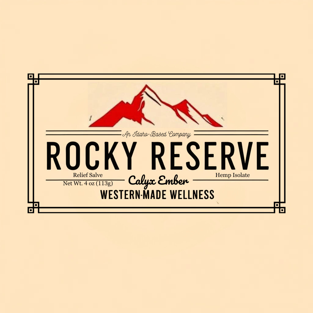 Rocky Reserve label with mountain design on a beige background