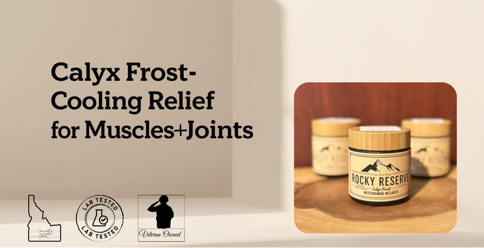 Calyx Frost-Cooling Relief product for muscles and joints with Rocky Reserve branding on a wooden surface.