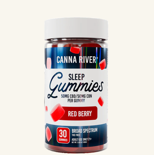Jar of Canna River Sleep Gummies with red berry flavor on a white background