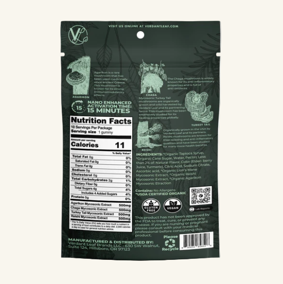 Back ingredient label for mushroom gummies