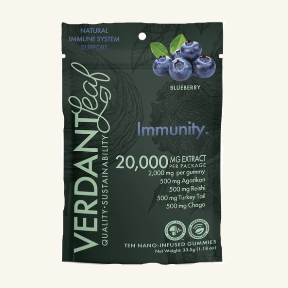 Verdantech Immunity gummy package with blueberries on a white background